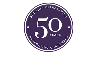 A purple circle stating the celebration of 50 years.