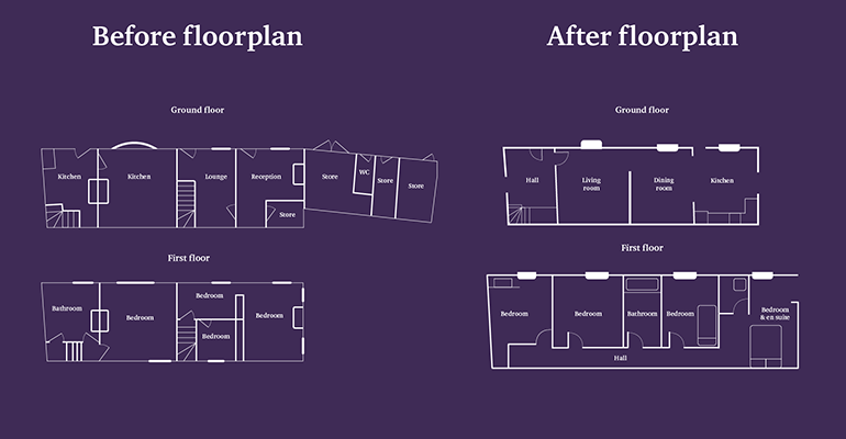 A before and after floor plan of the first floor and second floor.