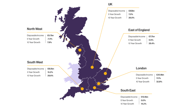 Purple map of UK showing the top regions with the largest self-employed disposable income. The figures shown are also in described in the following table and commentary.