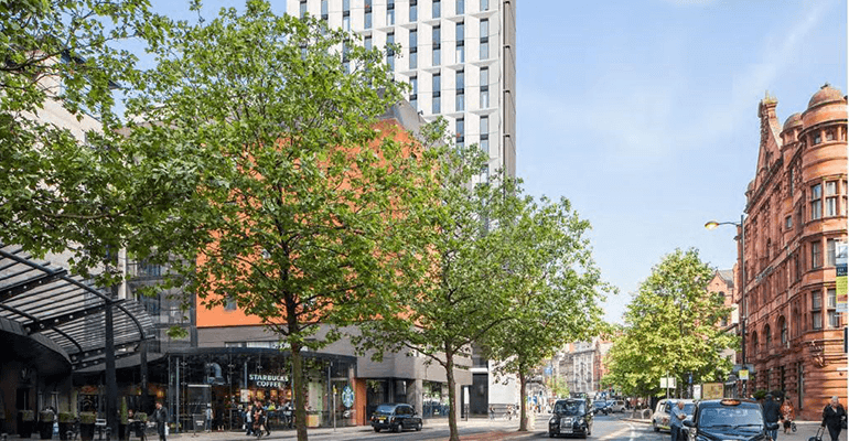 A long shot of Piccadilly in Manchester.