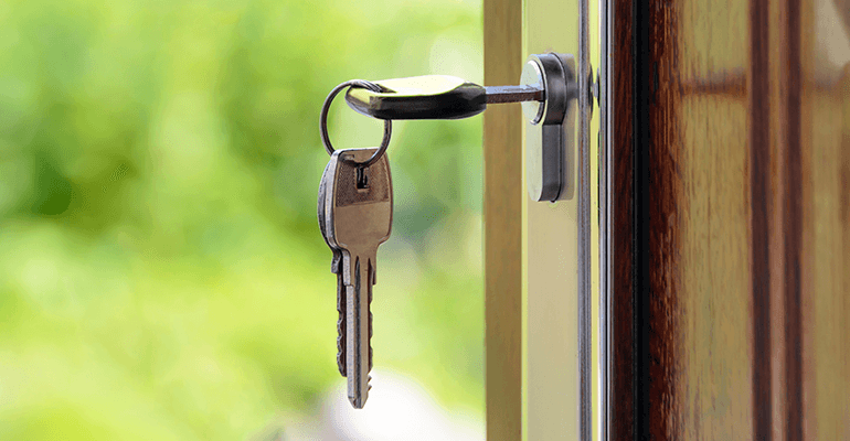 A set of keys hanging out of a door.