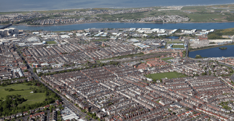 Aerial shot of Barrow in Furness.