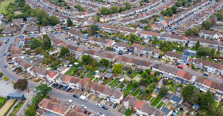 Birds eye view of houses and streets in the UK.