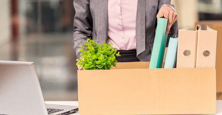 woman in grey jacket putting a file in a cardboard box containing files and a plant - l