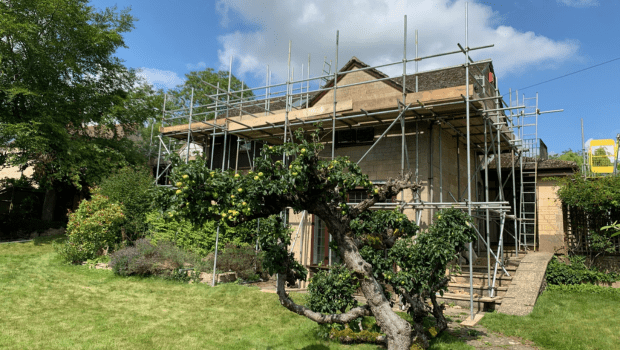 House with scaffolding and a crab apple tree in the forefront.