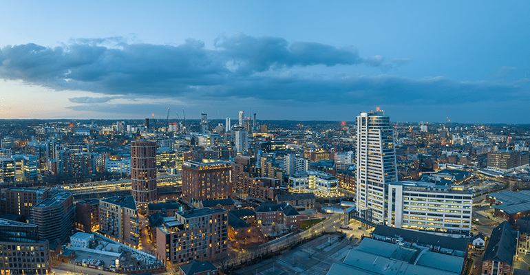 Leeds City Centre skyline at night.