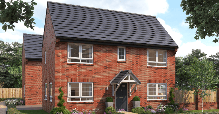 Red brick new build detached house.