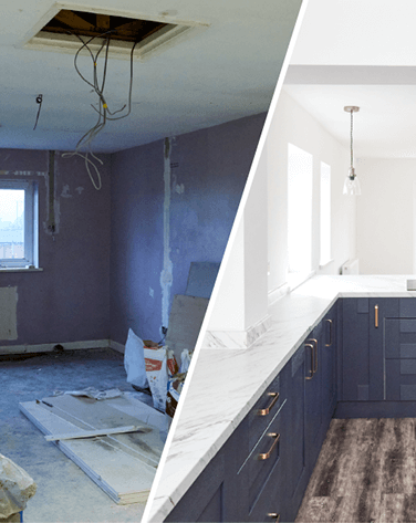 Two split images of a room before and after renovation.