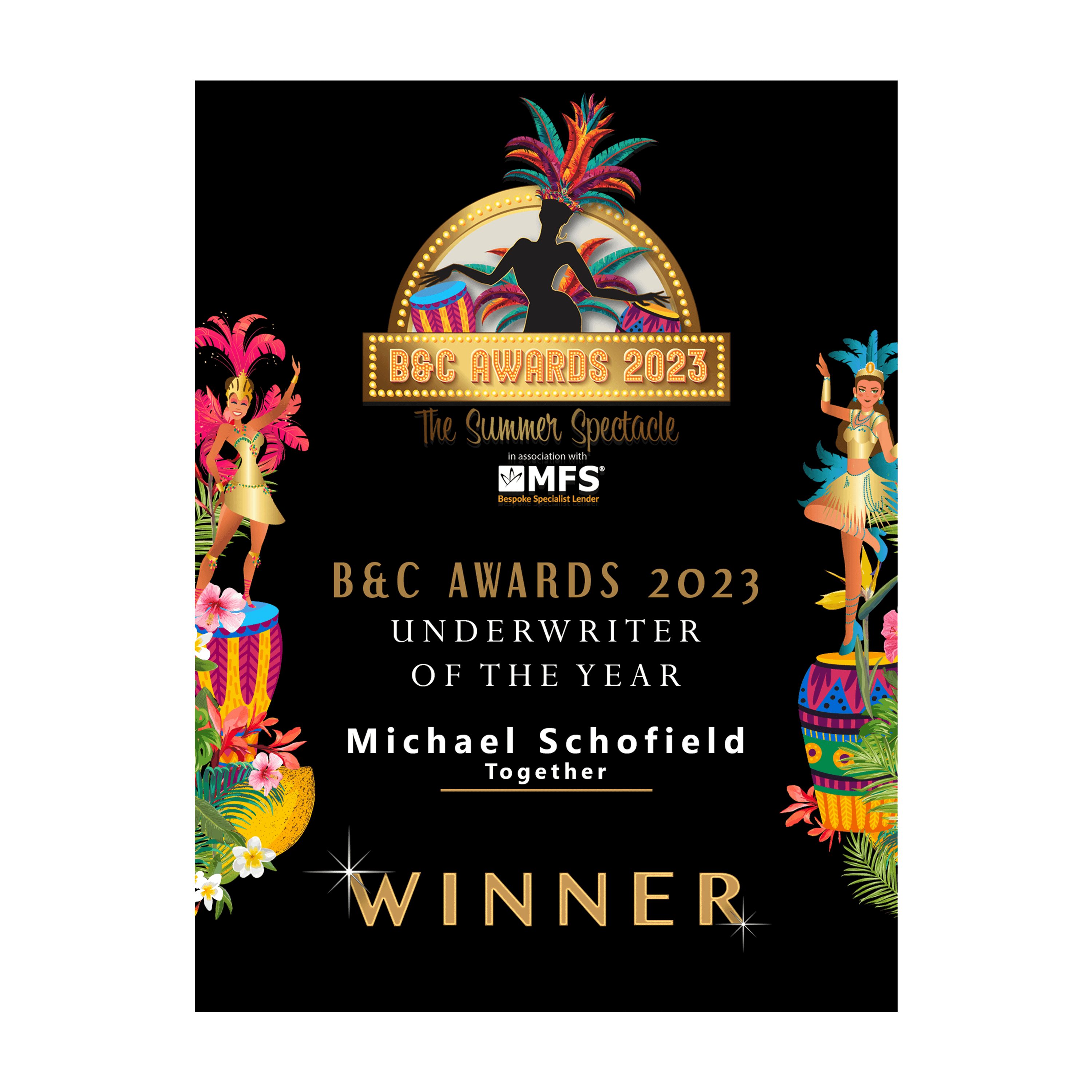 B&C award from 2023 for Michael Schofield for underwriter of the year.