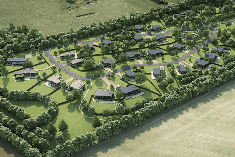 artists image of new housing development with surrounding fields