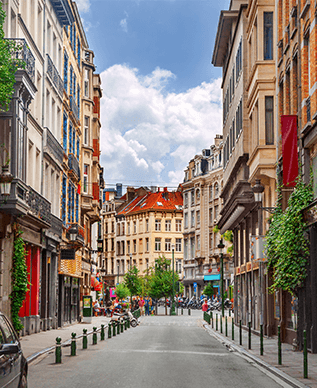 A landscape of a one way street in Brussels Belgium.