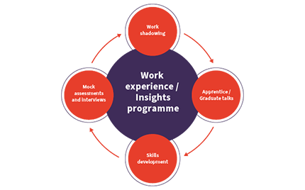 An infographic stating work shadowing, apprentice/graduate talks, skills development and mock assessments and interviews are all apart of work experience.