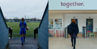 A collage of two women next to each other, one a footballer and one who works in corporate.