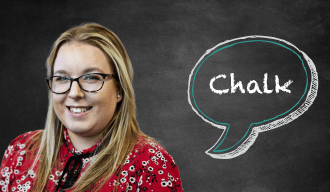 Blackboard with speech bubble saying Chalk on the right and a woman smiling on the left