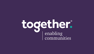 A purple background with together enabling communities on it.