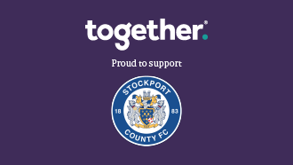 A purple background with Together's logo with some text saying proud to support the logo of Stockport county FC.